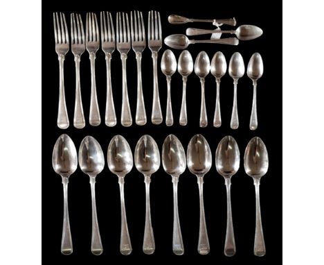 A set of George III Old English thread pattern part flatware service, maker Peter & William Bateman, London, 1810: bears cres