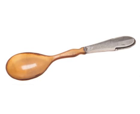 A Georg Jensen silver and horn beaded pattern spoon, assay master Christian F. Heise: with pear-shaped bowl,19.5cm.long.