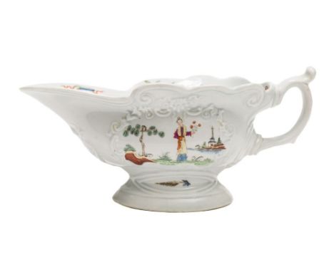 An early Worcester sauceboat: of high-footed form moulded with C scrolls and foliate cartouches, painted with Long Eliza figu