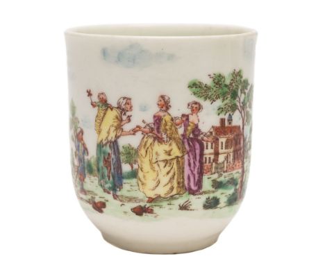An early Worcester coffee cup: with grooved loop handle decorated with a coloured transfer print of 'The Fortune Teller, no. 