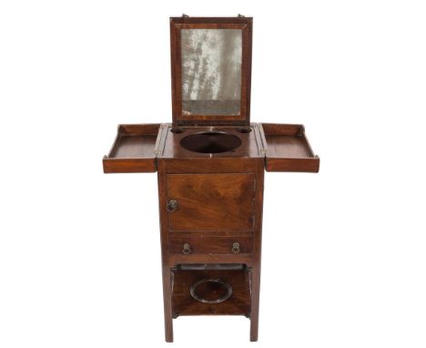 A George III mahogany square enclosed washstand:, the hinged top enclosing an interior with rising mirror and circular apertu