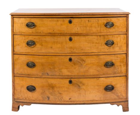 A George III satinwood bow-fronted chest:, the top with a moulded edge, containing four long drawers and with a boxwood inlai