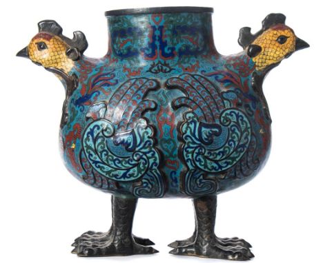 A large Chinese cloisonne vase: in the form of two chickens, of ovoid form with enamel decoration of fish amongst seaweed, a 