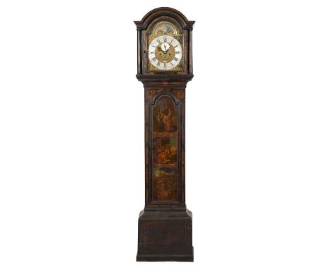 Jon. Newson London, a black lacquer longcase clock: the eight-day duration movement striking the hours on a bell, the twelve-