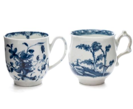 A First Period Worcester blue and white coffee cup and one other: the first of bell shape with fluted scroll handle with thum