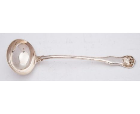 A George IV silver fiddle, thread and shell pattern ladle, maker William, Charles & Henry Eley, London. 1824: crested, 34cm. 
