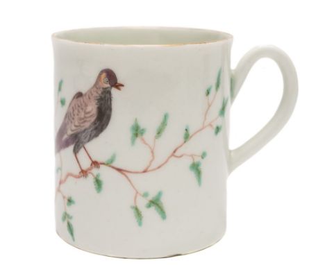 A First Period Worcester coffee can decorated in the workshops of James Giles: with a grey, pale pink and puce bird perched o