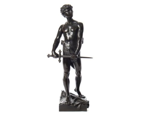 Raoul Larche (1860-1912)'Vingt Ans'  a bronze figure of boy with sword: dark brown patination, signed R. Larche, bears No 776