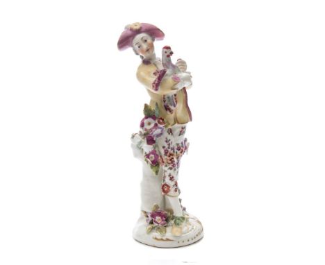 A Derby figure of the Italian Farmer: after Kaendler, holding a struggling cockerel and wearing a yellow jacket and floral de