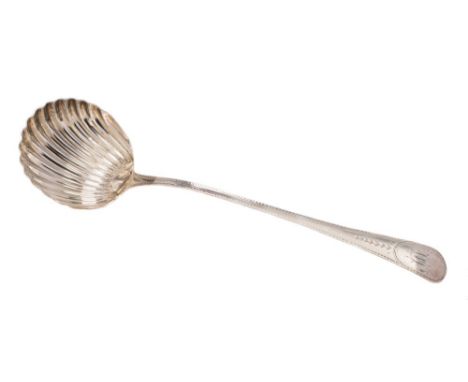 A George III silver soup ladle, maker Hester Bateman, London, 1786: initialled, with bright cut decoration, and shell-shaped 