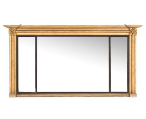 A 19th Century later gilt decorated landscape overmantel mirror in the Regency taste:, with a moulded cornice of recessed bre