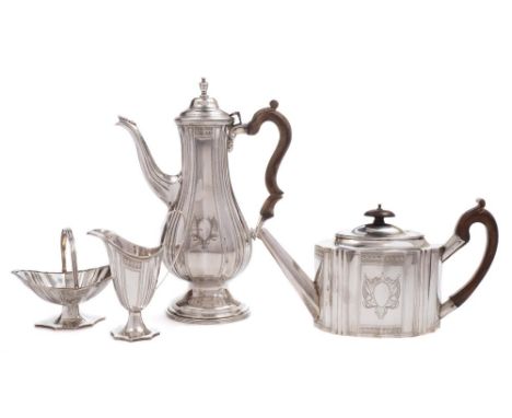 An Elizabeth II silver four-piece tea and coffee service, maker J A Campbell, London, 1979: in the Georgian style with oval t