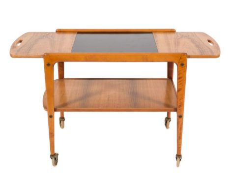 A 1950's Heal & Sons Ltd Jacaranda wood and stained beech frame two-tier trolley:, the sliding and hinged twin-handled top wi
