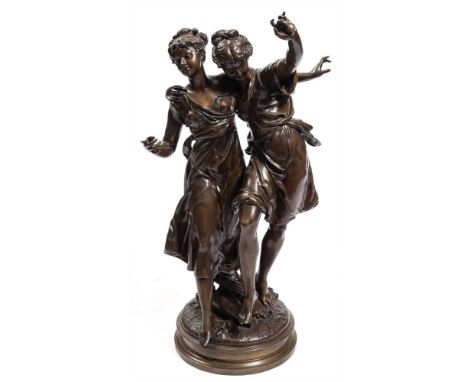After Etienne Henry Dumaige (1830-1888)The Dancers: bronze, mid to dark brown patination, two woman dancing arm in arm on a n
