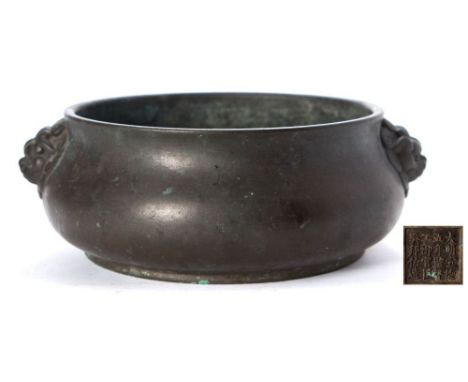 A Chinese bronze censer: of compressed globular form with mythical beast mask handles, cast sixteen character mark 'Made in t