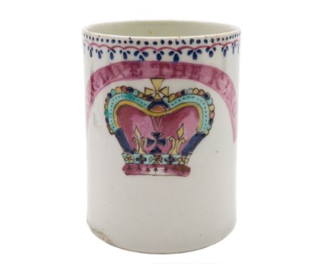 A Lowestoft 'Royal Commemorative' mug: with scroll handle, painted in puce, blue, turquoise and yellow with a crown and banne