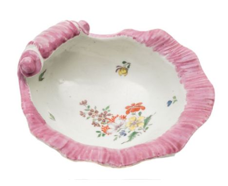 A First Period  Worcester shell sweetmeat dish: with shaped and curled pink rim and painted with a floral spray and sprigs, c