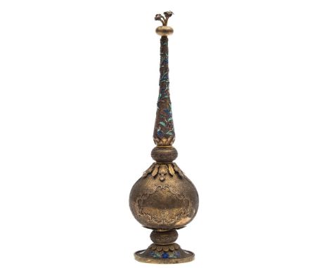 A Chinese Export gilt-metal filigree and enamel rose water sprinkler and stopper: applied and enamelled with scrolling flower