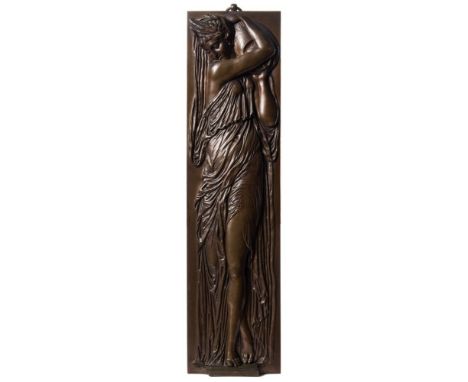 A pair of Barbedienne bronze plaques of female water bearers: the semi-naked females in classical robes, signed Barbedienne, 