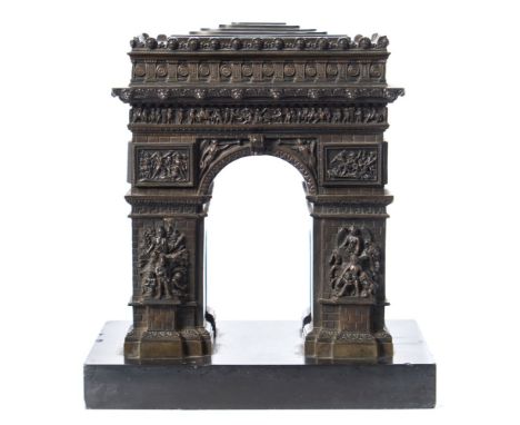 A bronze model of L'Arc De Triomphe: unsigned, mounted on a rectangular polished slate base, 20cm. high.