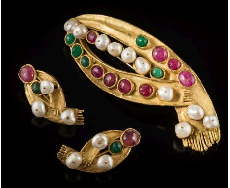 An emerald, ruby and baroque pearl mounted brooch with matching earrings: of stylized scarf design, with baroque pearls (unte