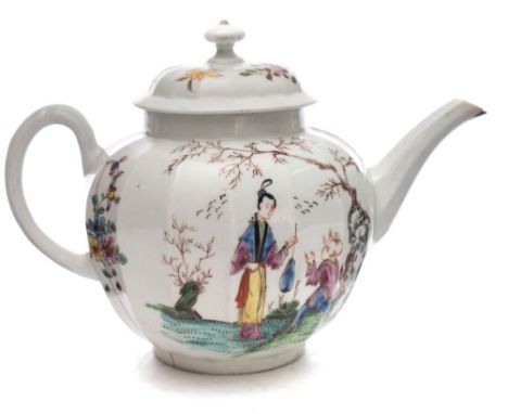 A First Period Worcester teapot and cover: of faceted globular form, painted in the famille rose palette with the 'Beckoning 