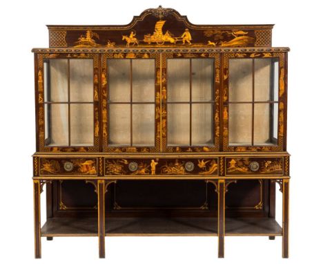 A 1920's/1930's stained mahogany and Chinoiserie decorated rectangular low display cabinet:, with birds, foliage, lattice wor