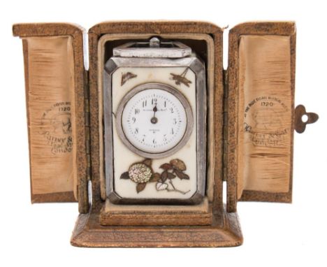A miniature French carriage timepiece with Shibayama panels: the eight-day duration timepiece movement having a platform leve