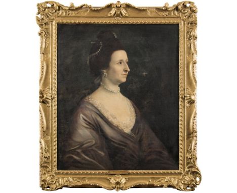 Circle of Francis Cotes [1726-1770]-Portrait of Lady Carpenter, bust-length, with long dark hair tied high with pearls, and w