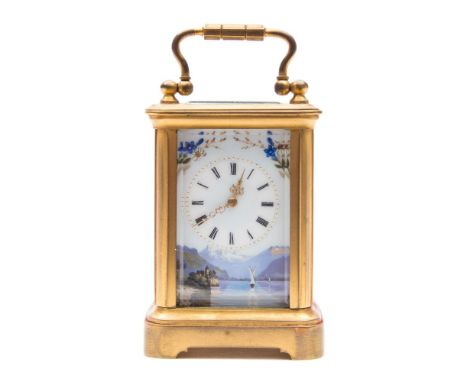 A Victorian miniature French carriage clock with decorative dial: the eight-day duration timepiece movement having a platform