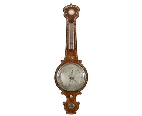H. Baker, London, a rosewood and mother-of-pearl inlaid wheel barometer: the ten-inch round silvered dial engraved with typic