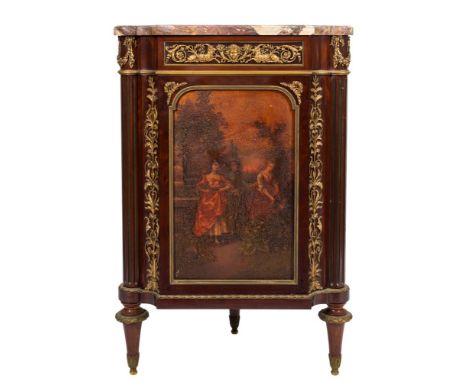 A French mahogany, decorated and gilt metal mounted Encoigneur:, surmounted by a panel of Breche voilette marble, the classic