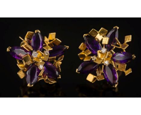 A pair of amethyst and diamond floral cluster ear-clips: of abstract design, each with five marquise-cut amethysts highlighte