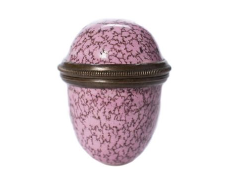 A Bilston enamel pill box: in the form of a speckled pink egg, late 18th century, 3 cm.