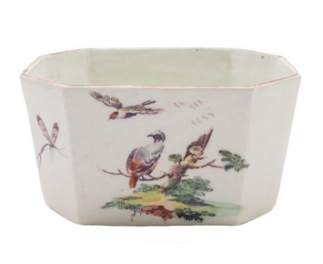A Derby butter tub: of octagonal form, painted with fancy birds in rustic landscapes, flying birds and insects, patch marks, 