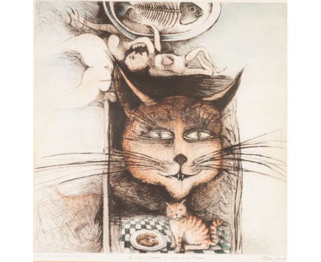 PETER FORD (Contemporary) DRYPOINT ETCHING AND WATERCOLOUR 'A Cat's Dream of Love and Power'  Signed and inscribed in pencil 