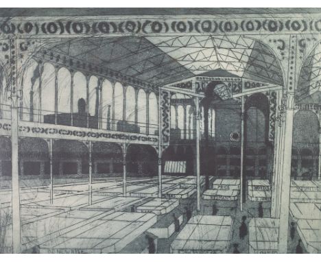 •JULIAN TREVELYAN (1910 - 1988) ETCHING WITH AQUATINT PRINTED IN BLUE/GREY 'Market , Bolton' Signed, titled and numbered 2/30