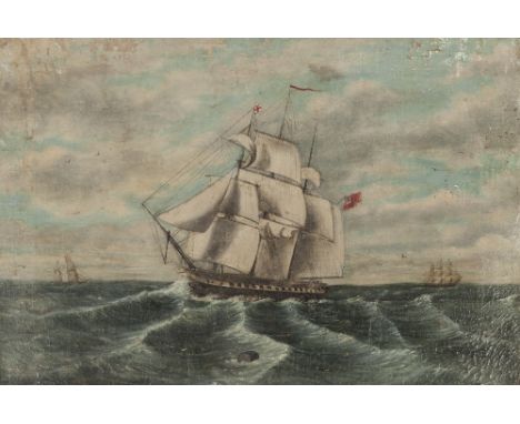 UNATTRIBUTED (NINETEENTH CENTURY) OIL PAINTING ON RE-LINED CANVAS Naïve ship portrait of a three masted ship flying British e