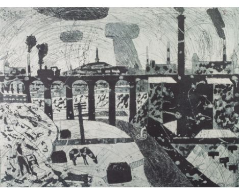 •JULIAN TREVELYAN (1910 - 1988) ETCHING WITH AQUATINT, PRINTED IN BLUE/GREY 'Bolton' Signed, titled and numbered 11/30 in pen