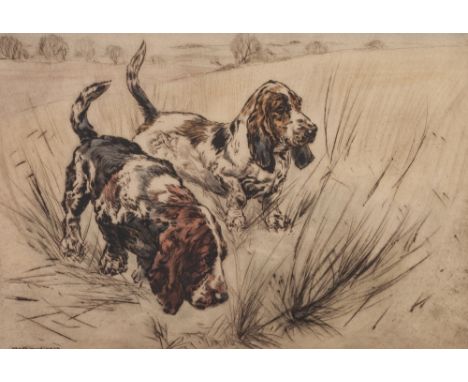 HENRY WILKINSON ARTIST SIGNED ORIGINAL COLOURED ETCHING Two basset hounds in long grass Signed in pencil and numbered 2/25 9 