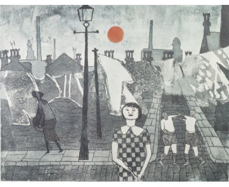 •JULIAN TREVELYAN (1910 - 1988) ETCHING WITH AQUATINT, PRINTED IN BLUE/GREY 'Bolton, Washing Day' Signed, titled and numbered