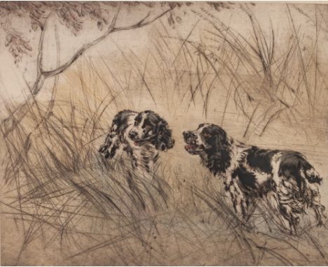 HENRY WILKINSON (1921 - 2011) ARTIST SIGNED ORIGINAL COLOURED ETCHING Two spaniels in long grass Signed in pencil and numbere