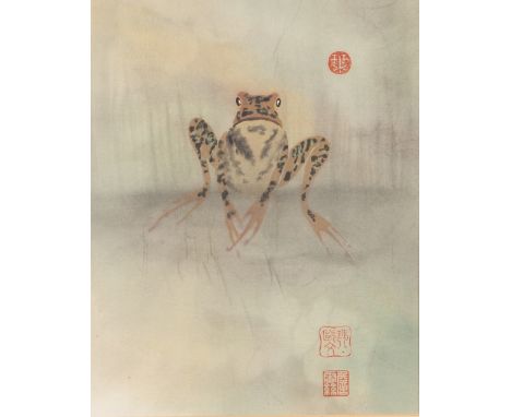 UNATTRIBUTED (TWENTIETH CENTURY CHINESE SCHOOL) WATERCOLOUR DRAWING Frog Three red stamped seal marks 12 ½" x 9 ¾" (31.8cm x 