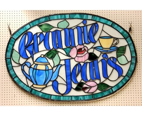 Vintage Tea Rooms - a substantial stained glass hanging 'Grannie Jean's' sign. 