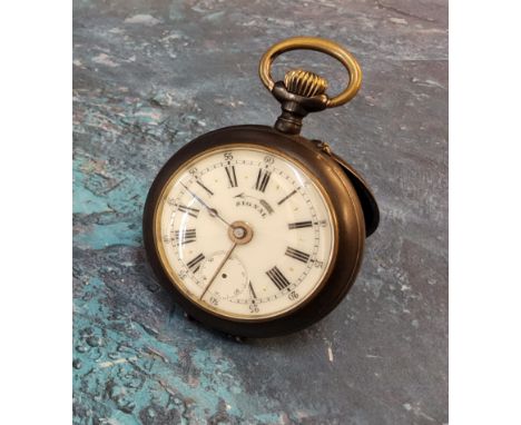 An early 20th century unusual&nbsp;Swiss Signal-Beurret Freres of Geneve open faced alarm pocket watch, the cylinder movement