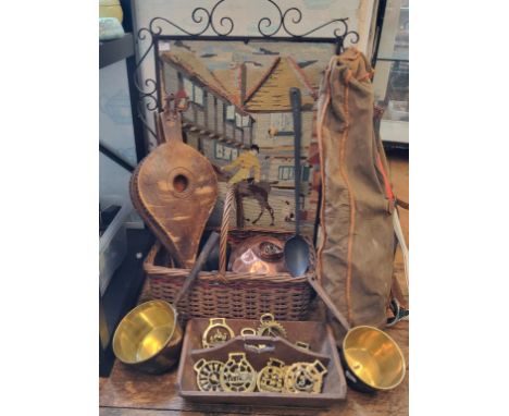Boxes and Objects - Georhe III oak two section cutlery tray; Greenmaster crown green bowls;&nbsp; fire bellows;&nbsp; copper 
