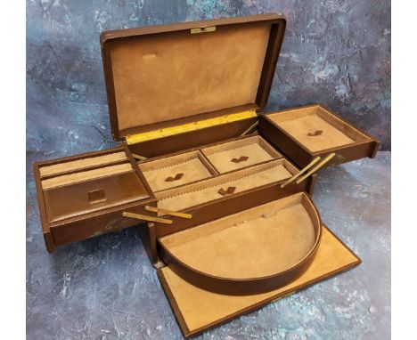A vintage Verweegen &amp; Kok, Moroccan brown leather travel jewellery case, suede lined, fitted interior 