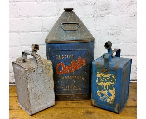 Salvage - A Qualube Lubricant tin, 5 gallon, 52cm high;&nbsp; Esso Blue parrafin tin, 35cm high;&nbsp; another (3) 