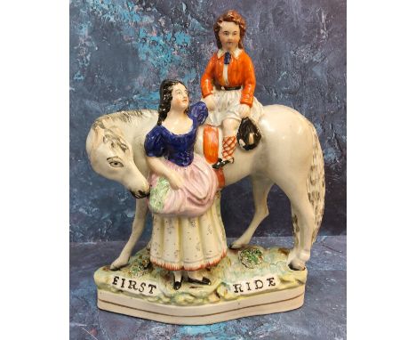 A scarce Victorian Staffordshrie figure group, First Ride, with young Scottish boy seated on a horse, his mother at his side,