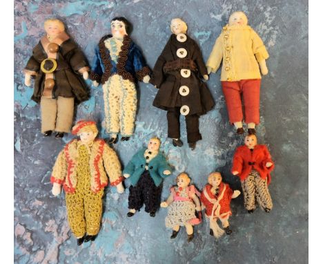 Nine German dolls' house dolls - all bisque and shoulder&nbsp; head, croquet and felt clothes,&nbsp; largest 10cm high, early